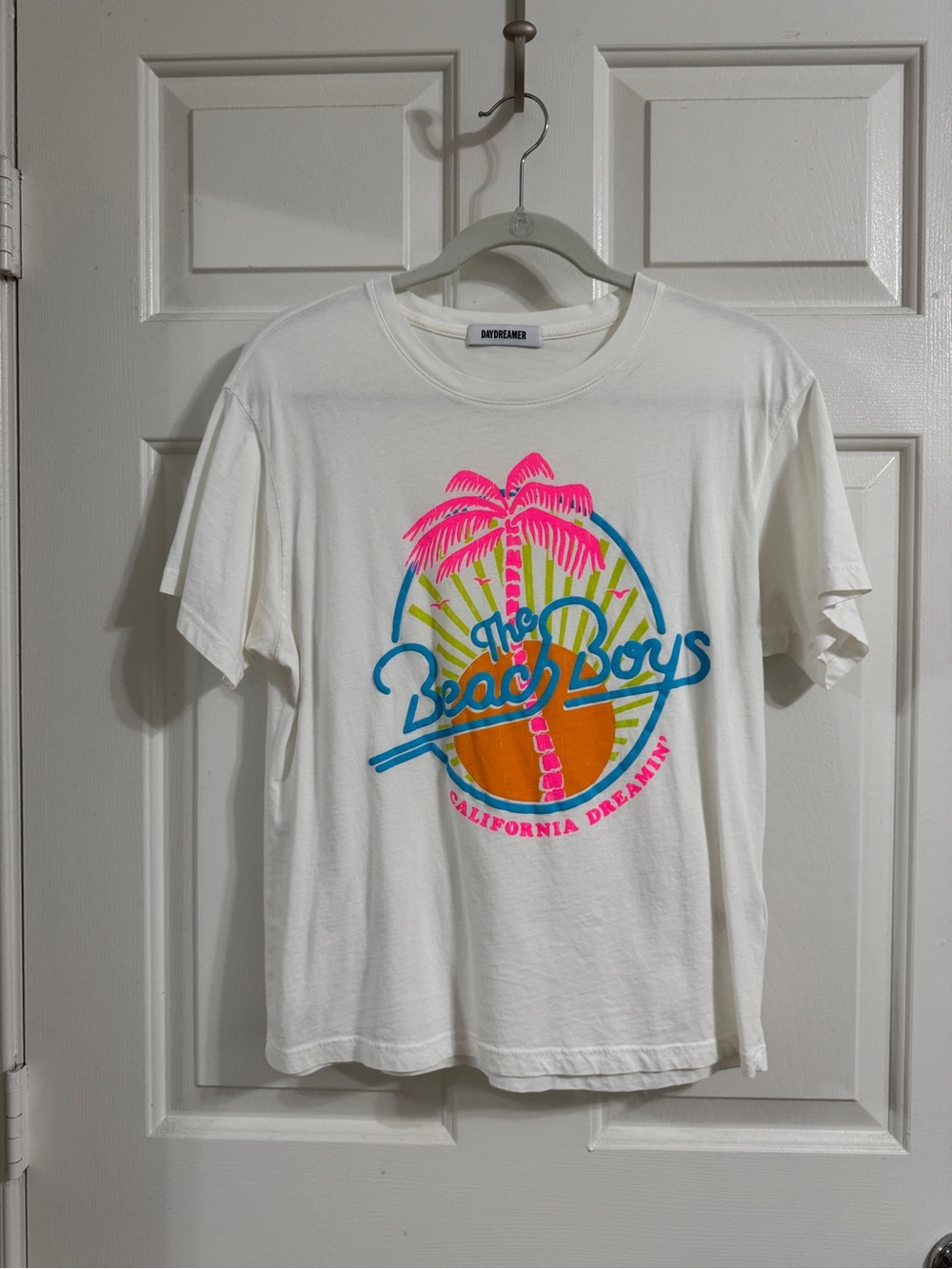 Daydreamer White Tee with Neon Palm Beach Boys Graphic